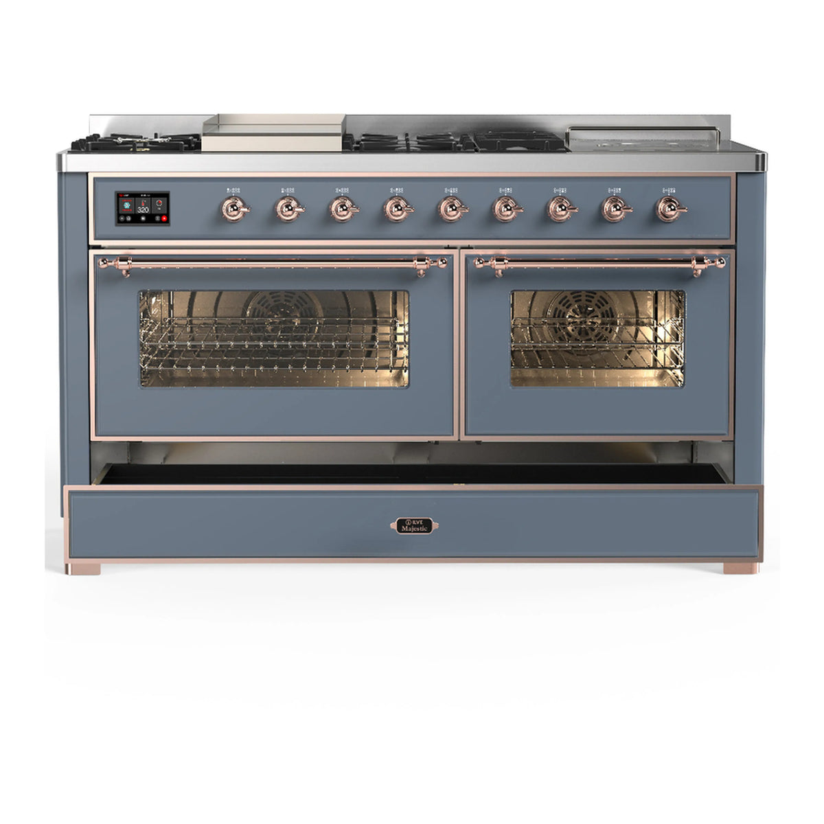 Blue grey dual fuel range front view with two oven windows and closed storage drawer.