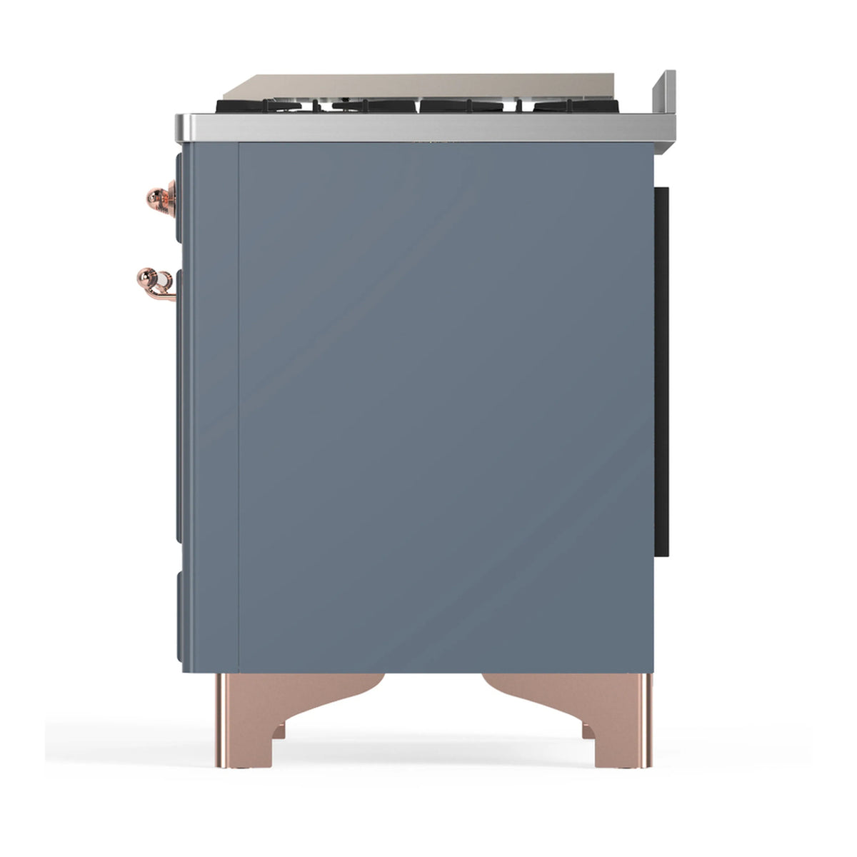 Blue grey dual fuel range alternate side view with copper trim legs and rear control area.