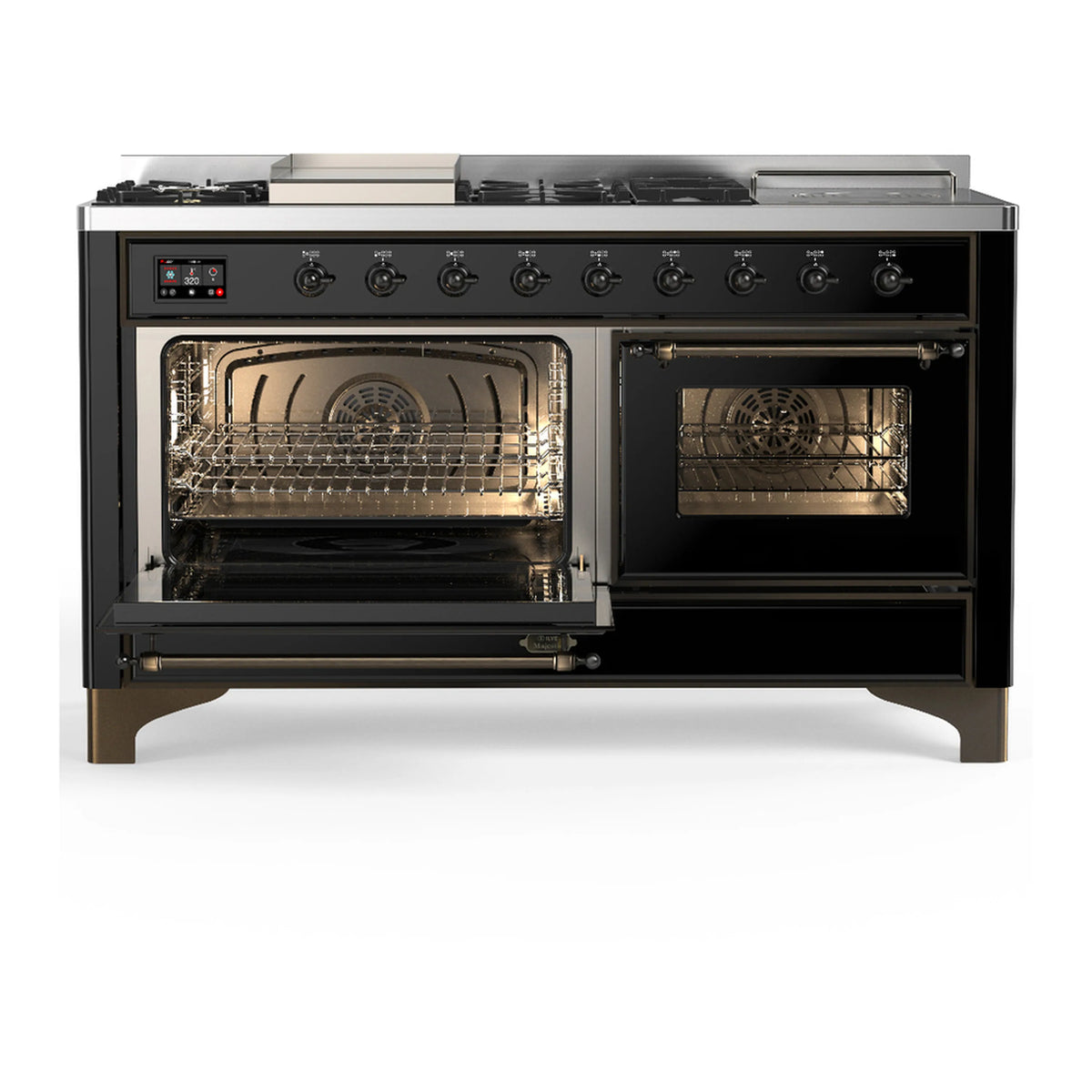 Glossy black dual fuel range with front oven compartments open and interior racks