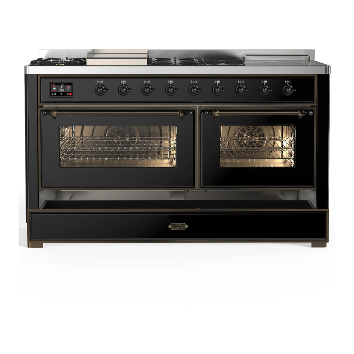 Glossy black dual fuel range front view with oven doors and lower storage panel