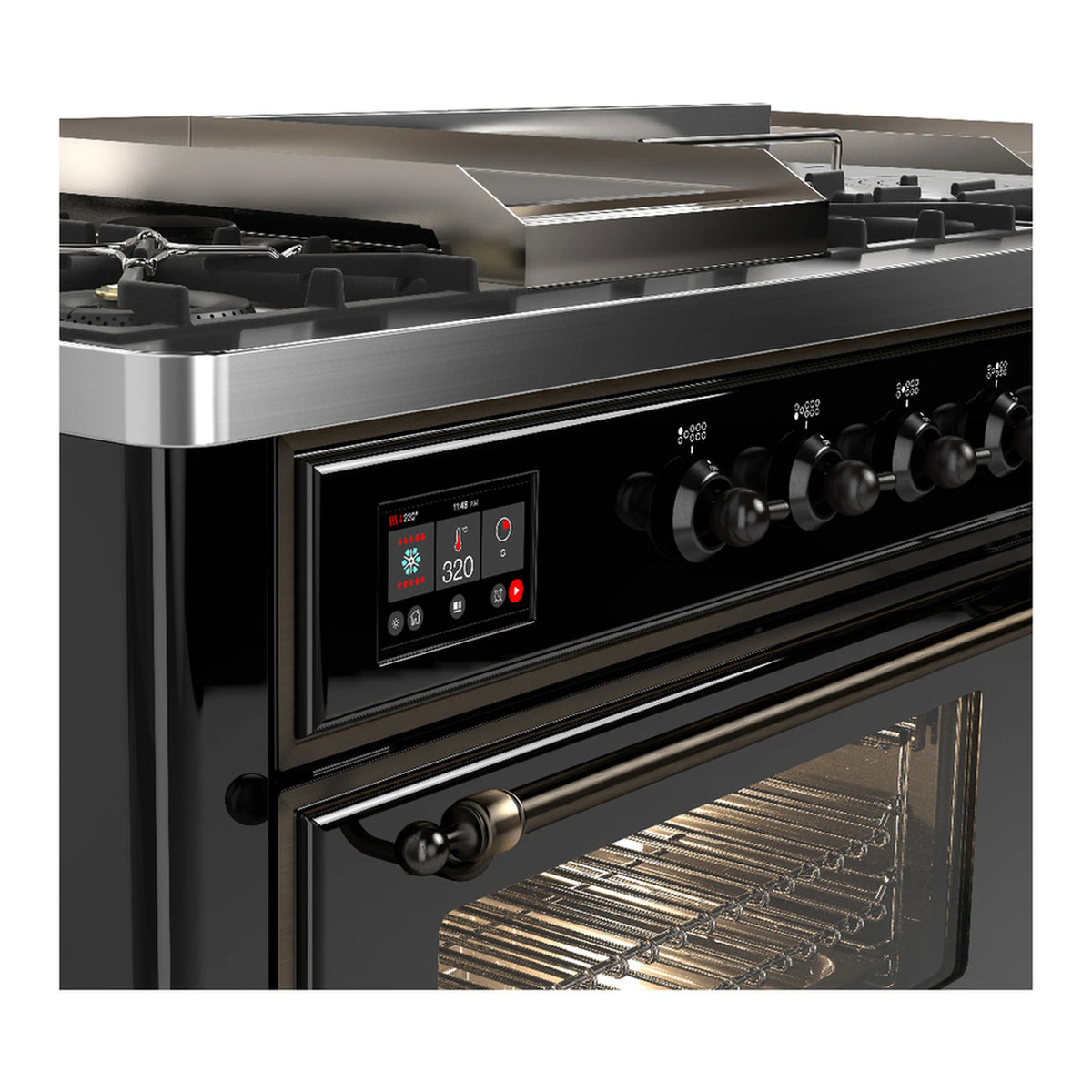 Glossy black dual fuel range close-up of control panel, handle, and oven glass door