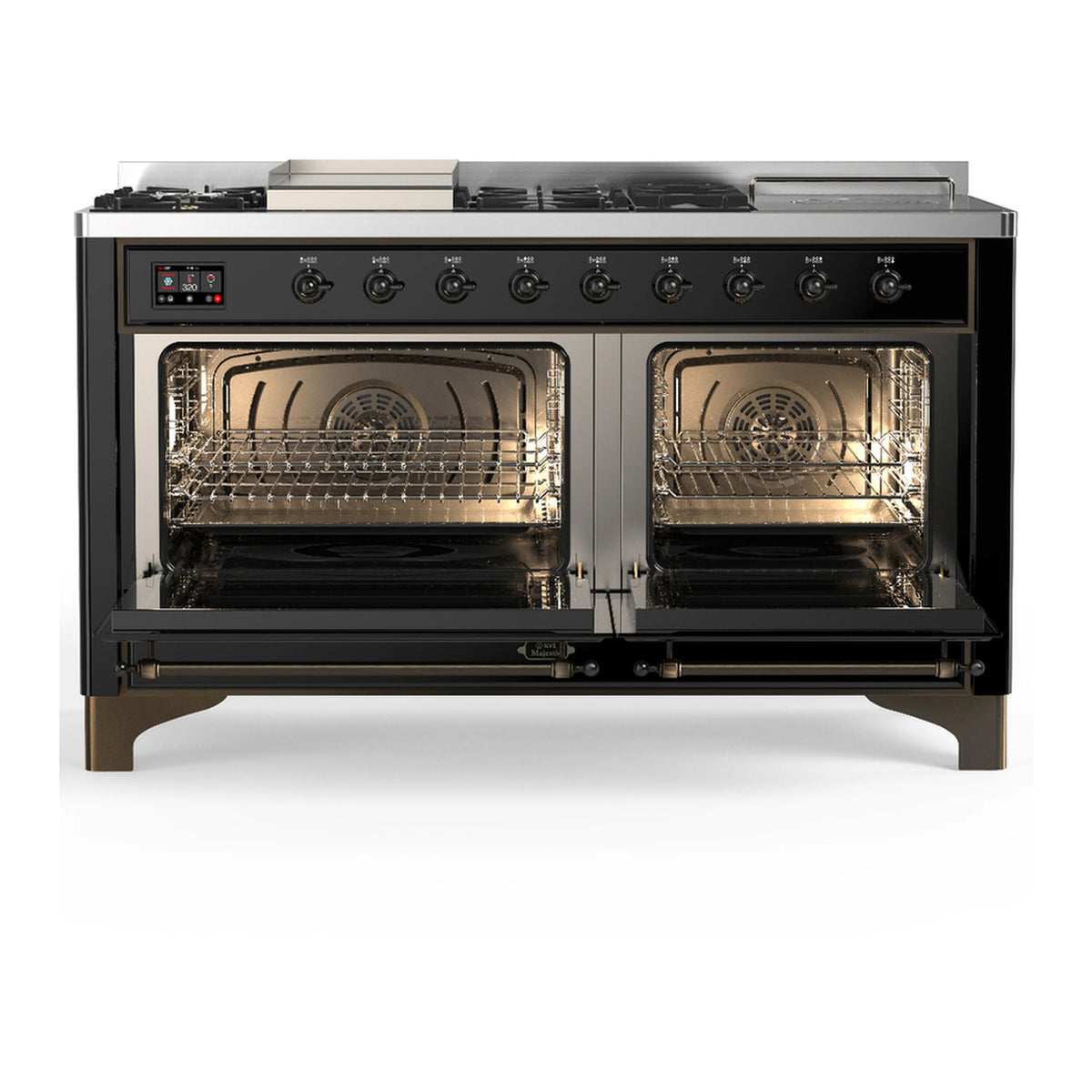 Glossy black dual fuel range with both oven doors open, metal racks visible.