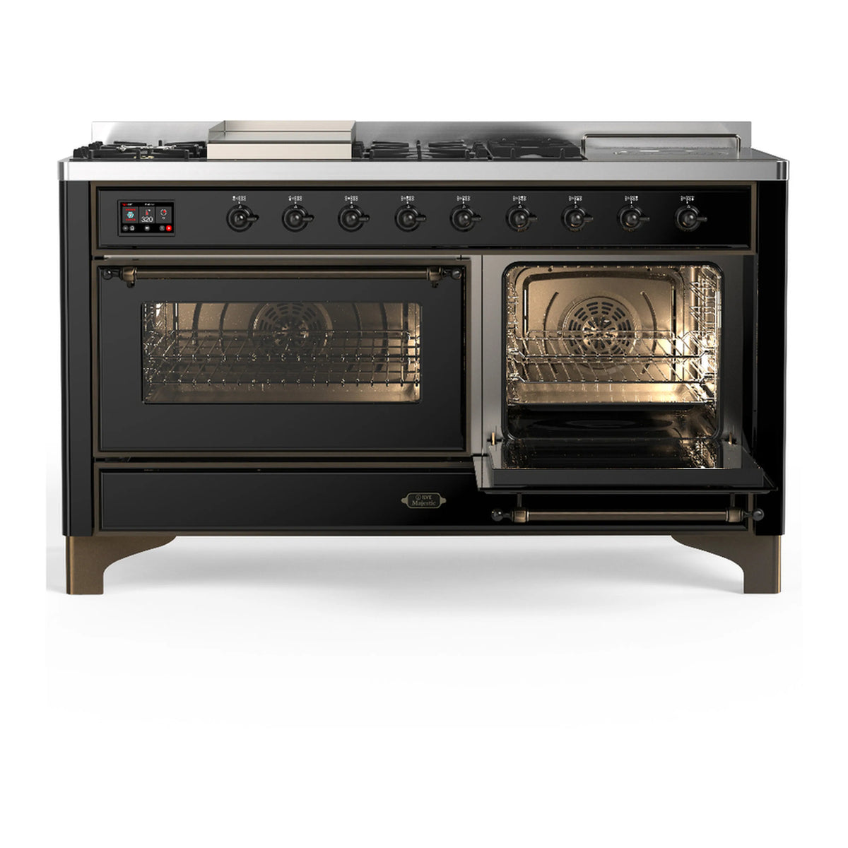 Glossy black dual fuel range with two glass ovens and burner control knobs.