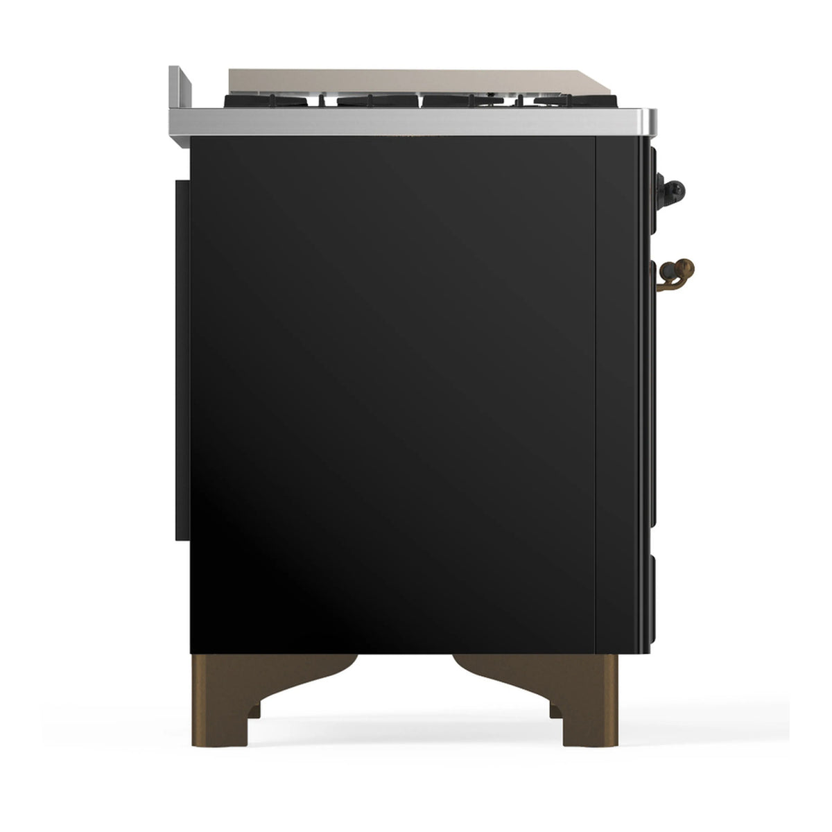Glossy black dual fuel range side panel with rear connections and top grates.
