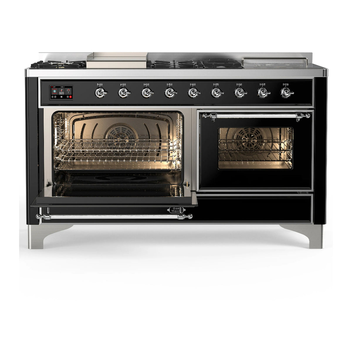 ILVE Majestic III dual fuel range with two open ovens and chrome racks behind glass windows