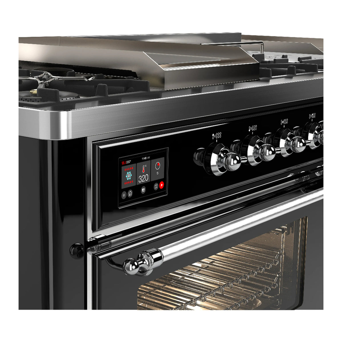 ILVE Majestic III range control panel with display and knobs, plus chrome oven door handle