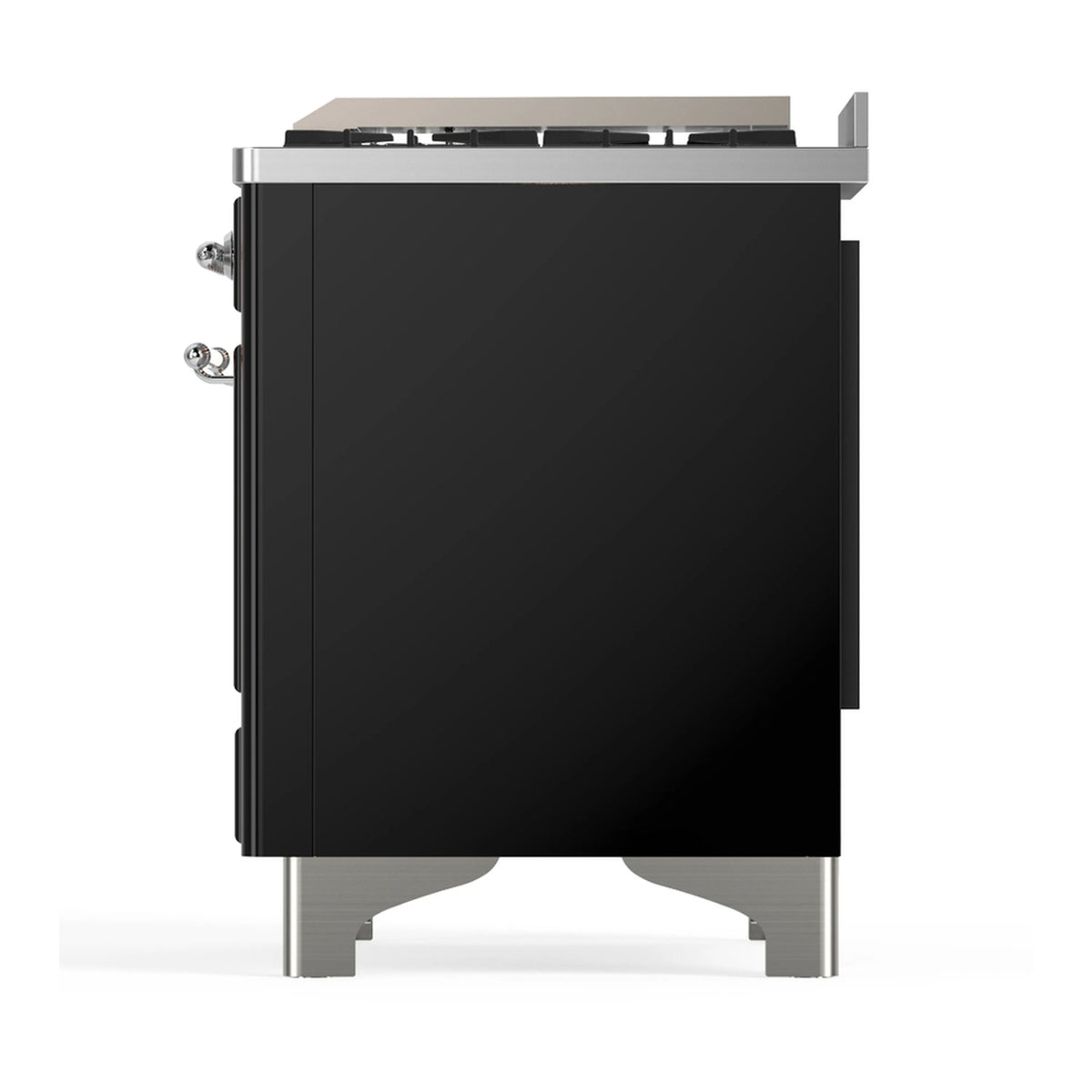 ILVE Majestic III dual fuel range side view with black back panel and chrome leveling legs