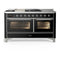 ILVE Majestic III 60-inch Dual Fuel Range with 5 Liquid Propane Burner, Griddle, French Top and Triple Glass Door Electric Oven in Glossy Black with Chrome Trim (UM60FSNR3BKCLP)