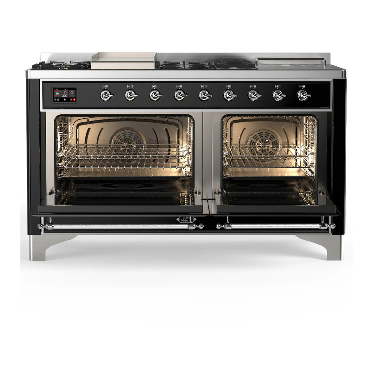 Glossy black dual fuel range with both oven doors open, showing racks and fan