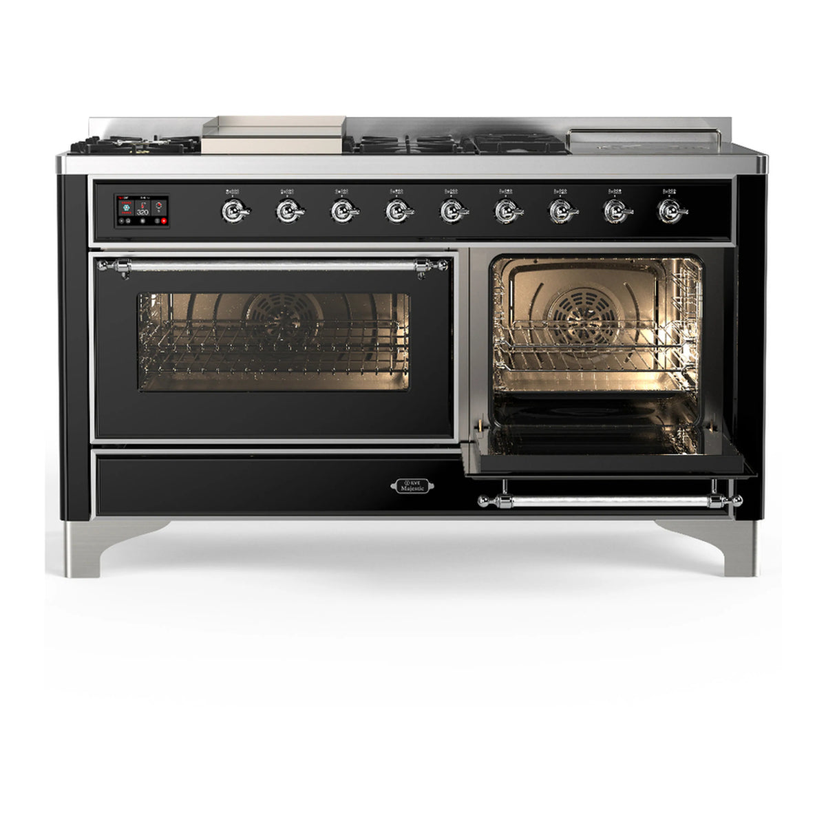 Glossy black dual fuel range with left oven door open and right oven door closed