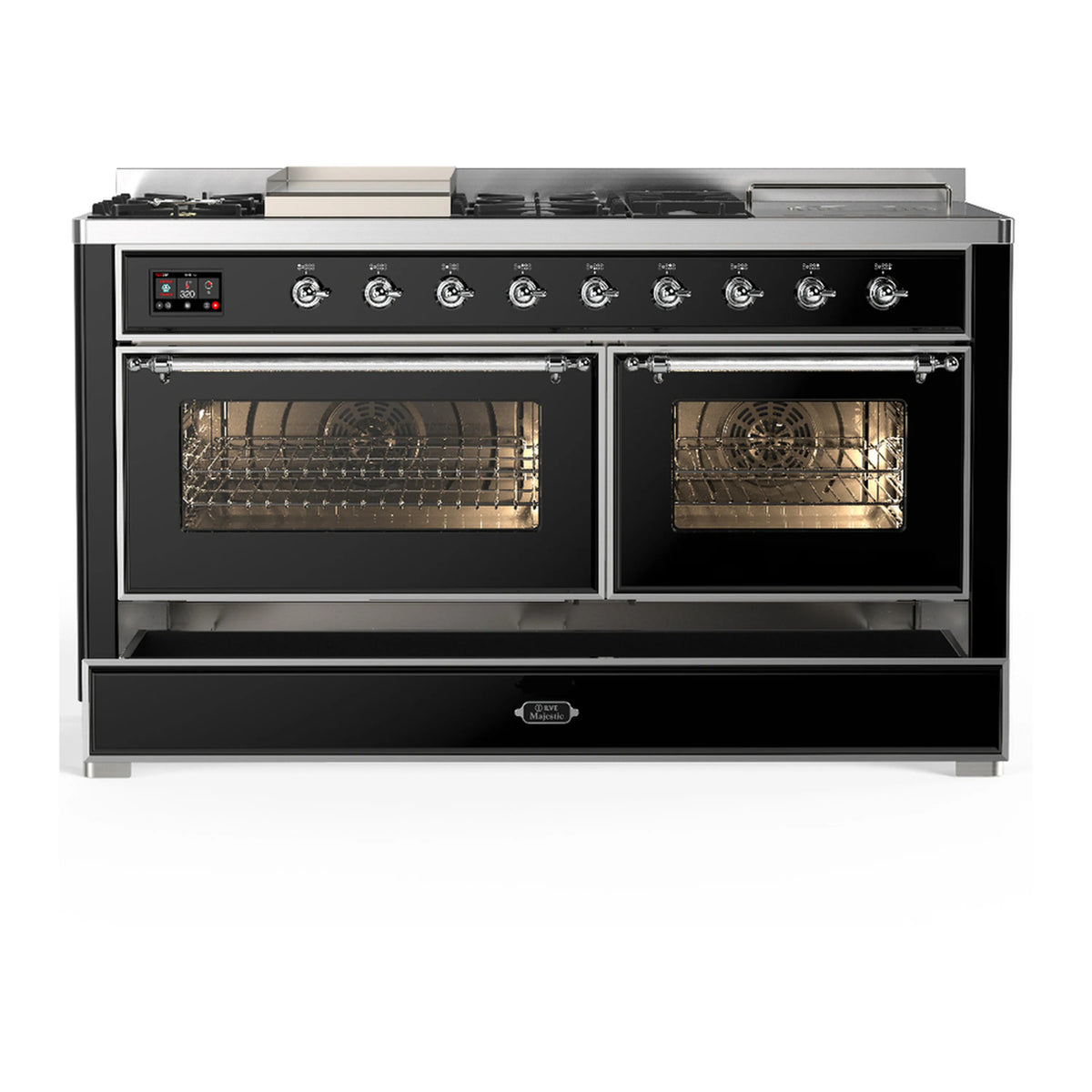 Glossy black dual fuel range with both oven doors open and warming drawer below