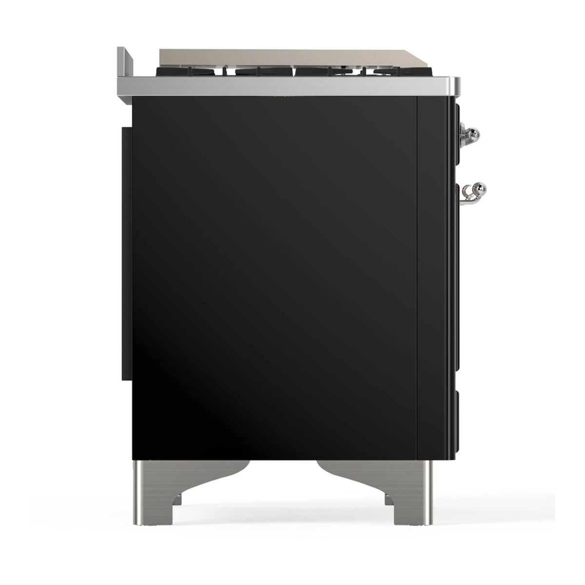 Glossy black range side panel with chrome knobs and vented trim, partial view