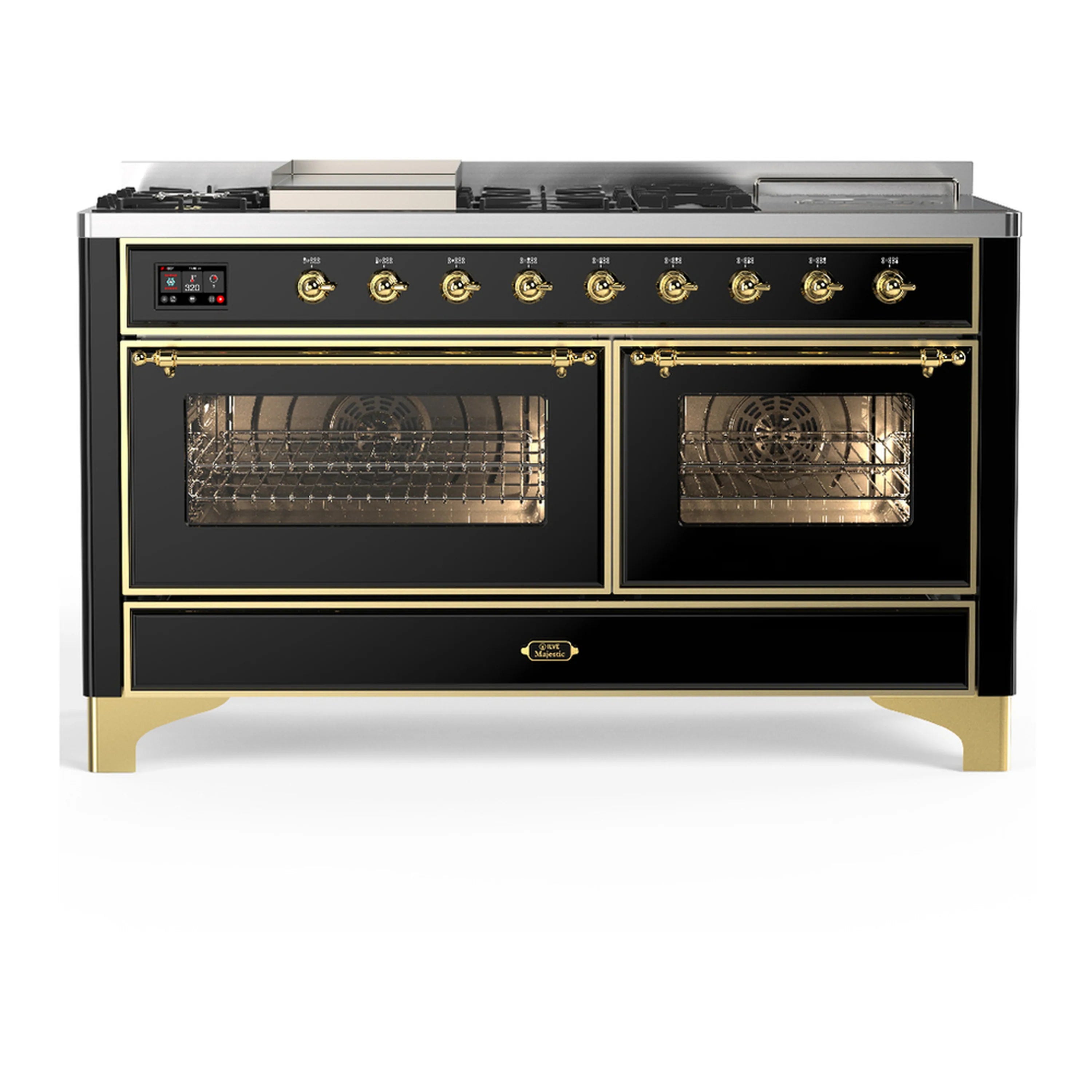 Glossy black ILVE dual fuel range with brass knobs and triple-glass oven doors