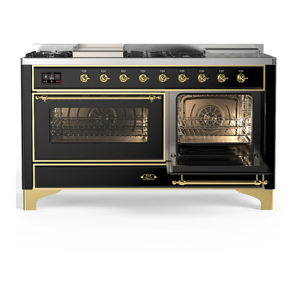 ILVE dual fuel range front with one oven door open and brass-trimmed glass window