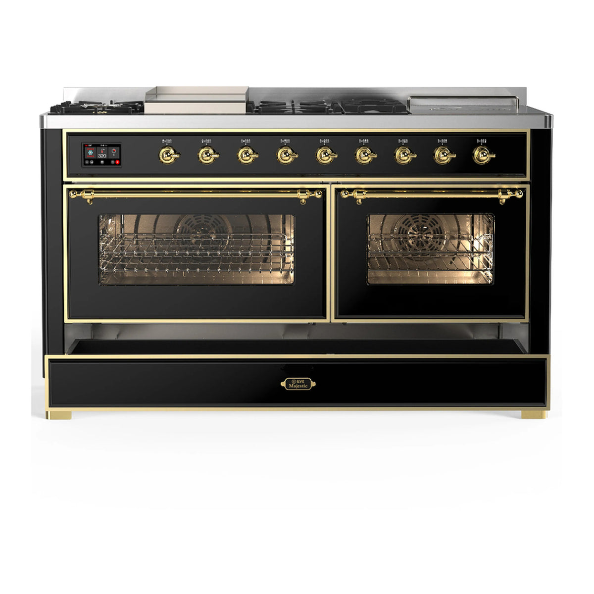 Glossy black ILVE dual fuel range with two glass oven doors and brass-trimmed control panel