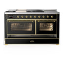 ILVE Majestic III 60-inch Dual Fuel Range with 5 Liquid Propane Burner, Griddle, French Top and Triple Glass Door Electric Oven in Glossy Black with Brass Trim (UM60FSNR3BKGLP)