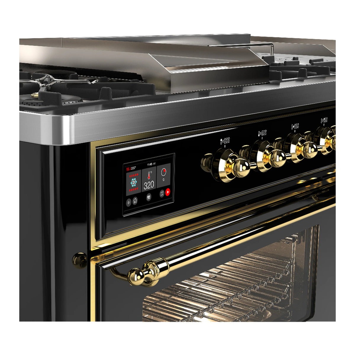 ILVE dual fuel range close-up of brass control knobs and oven door with glass window
