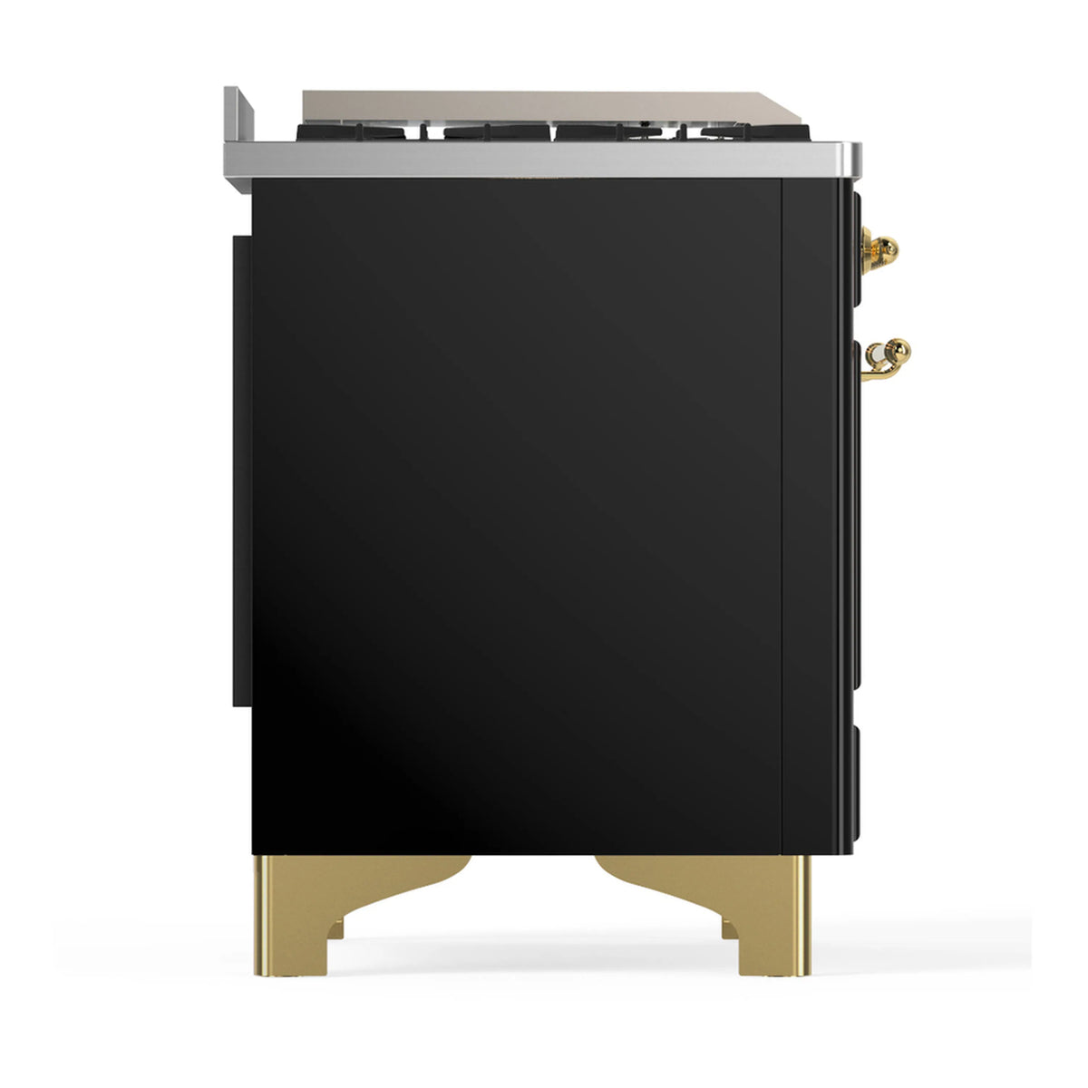 Glossy black ILVE dual fuel range side panel with brass trim and leveling legs