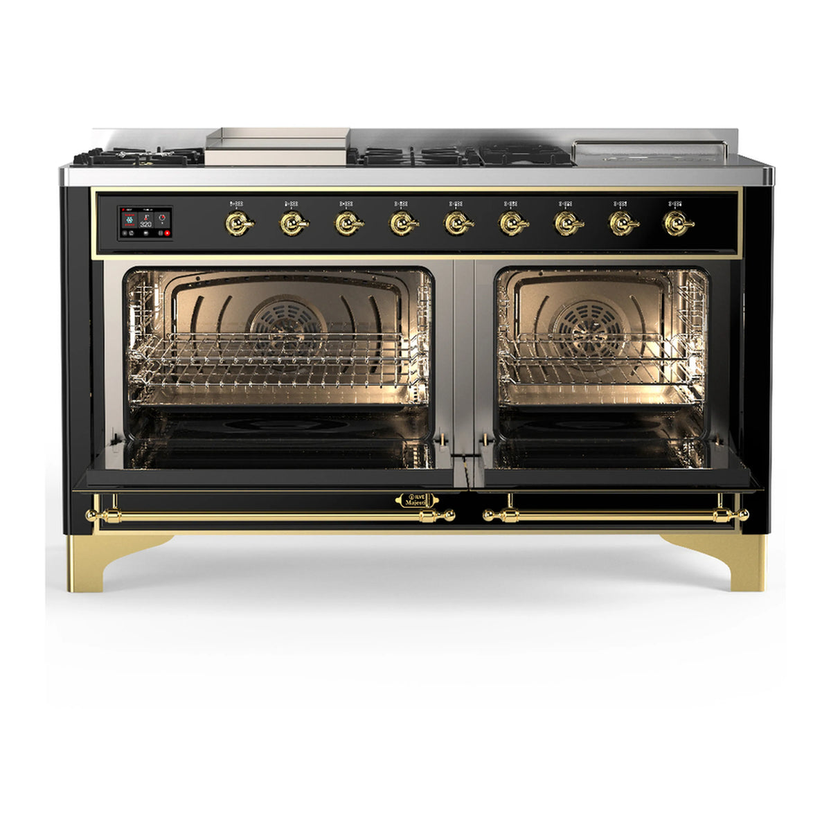 Dual fuel range with both oven doors open, racks visible, brass-trimmed frame