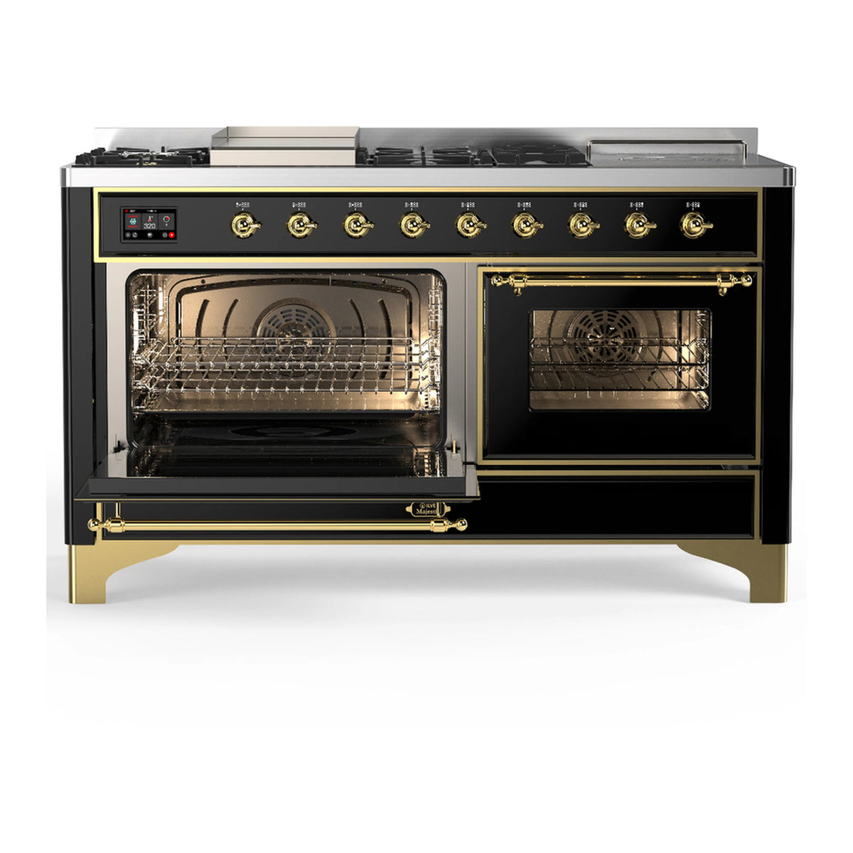 Dual fuel range with left oven door open, brass trim and glass oven window