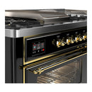 ILVE Majestic III 60-inch Dual Fuel Range with 7 Natural Gas Burner, Griddle, French Top and Triple Glass Door Electric Oven in Glossy Black with Brass Trim (UM60FSNR3BKG)