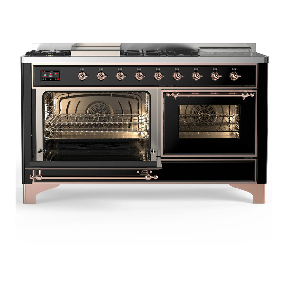ILVE Majestic III dual fuel range front with oven interiors open and copper trim detailing