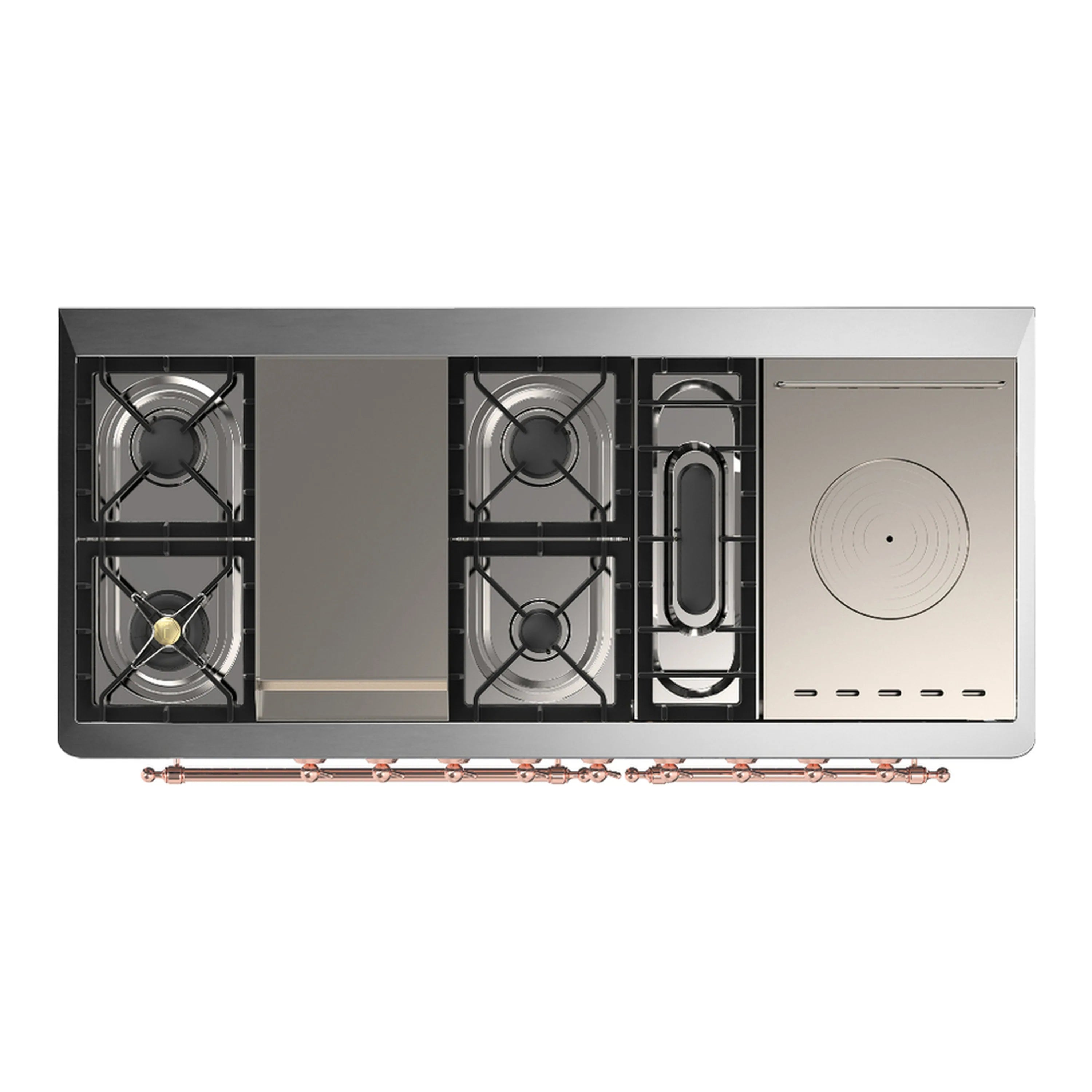 ILVE Majestic III dual fuel range back view showing gas burners, oven cavity, and connections