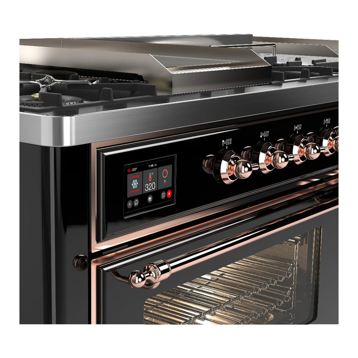 ILVE Majestic III dual fuel range control panel with copper knobs and open oven door