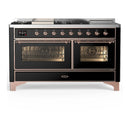 ILVE Majestic III 60-inch Dual Fuel Range with 7 Natural Gas Burner, Griddle, French Top and Triple Glass Door Electric Oven in Glossy Black with Copper Trim (UM60FSNR3BKP)