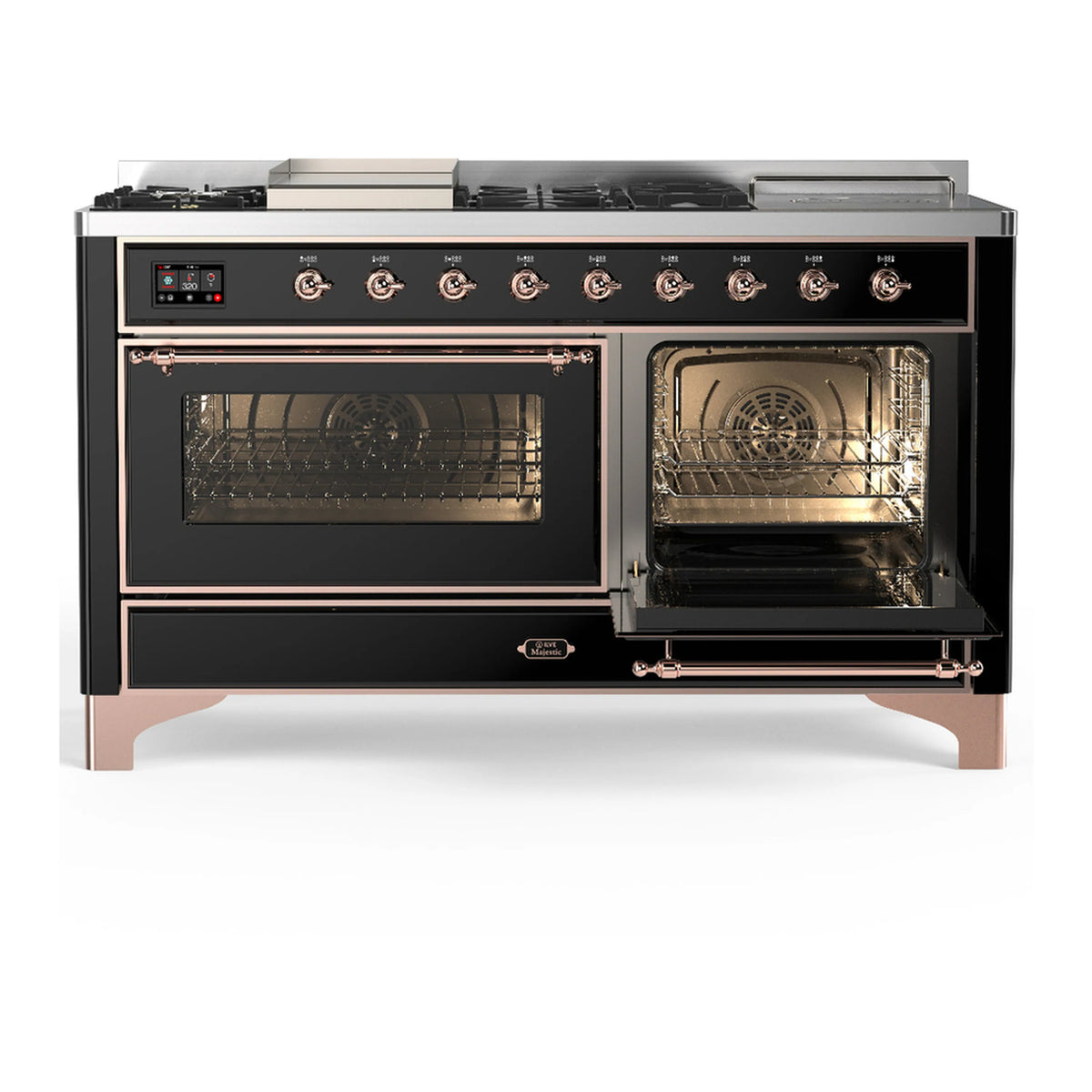Glossy black dual fuel range with copper handles; left oven open and right oven closed