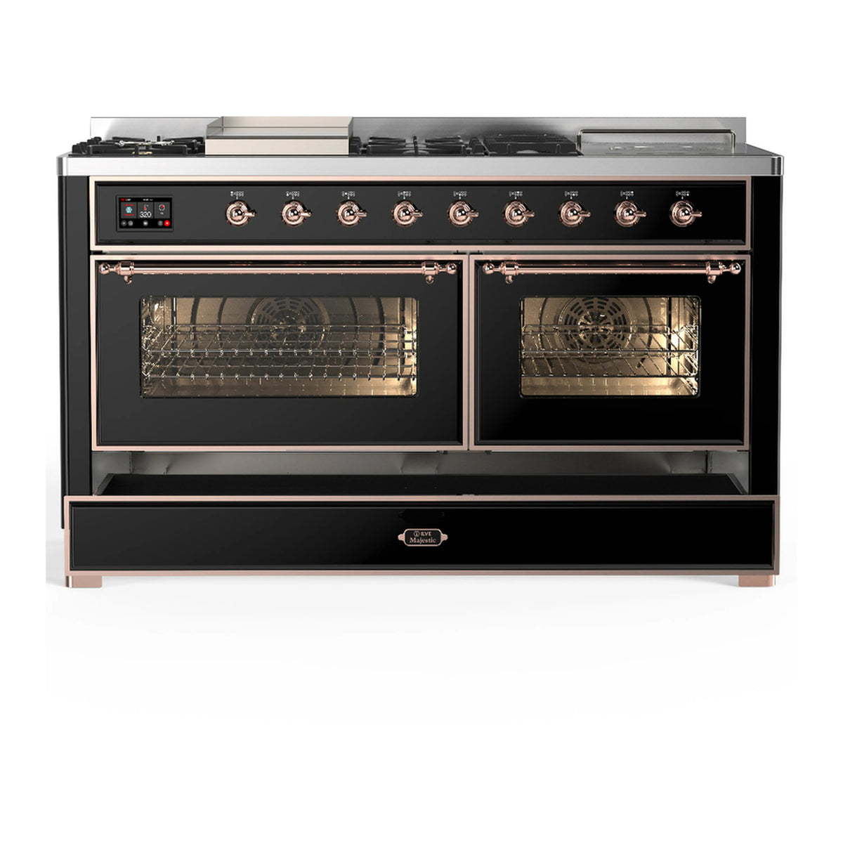 Glossy black dual fuel range with copper trim, two ovens, and control knobs across top