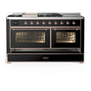 ILVE Majestic III 60-inch Dual Fuel Range with 7 Natural Gas Burner, Griddle, French Top and Triple Glass Door Electric Oven in Glossy Black with Copper Trim (UM60FSNR3BKP)