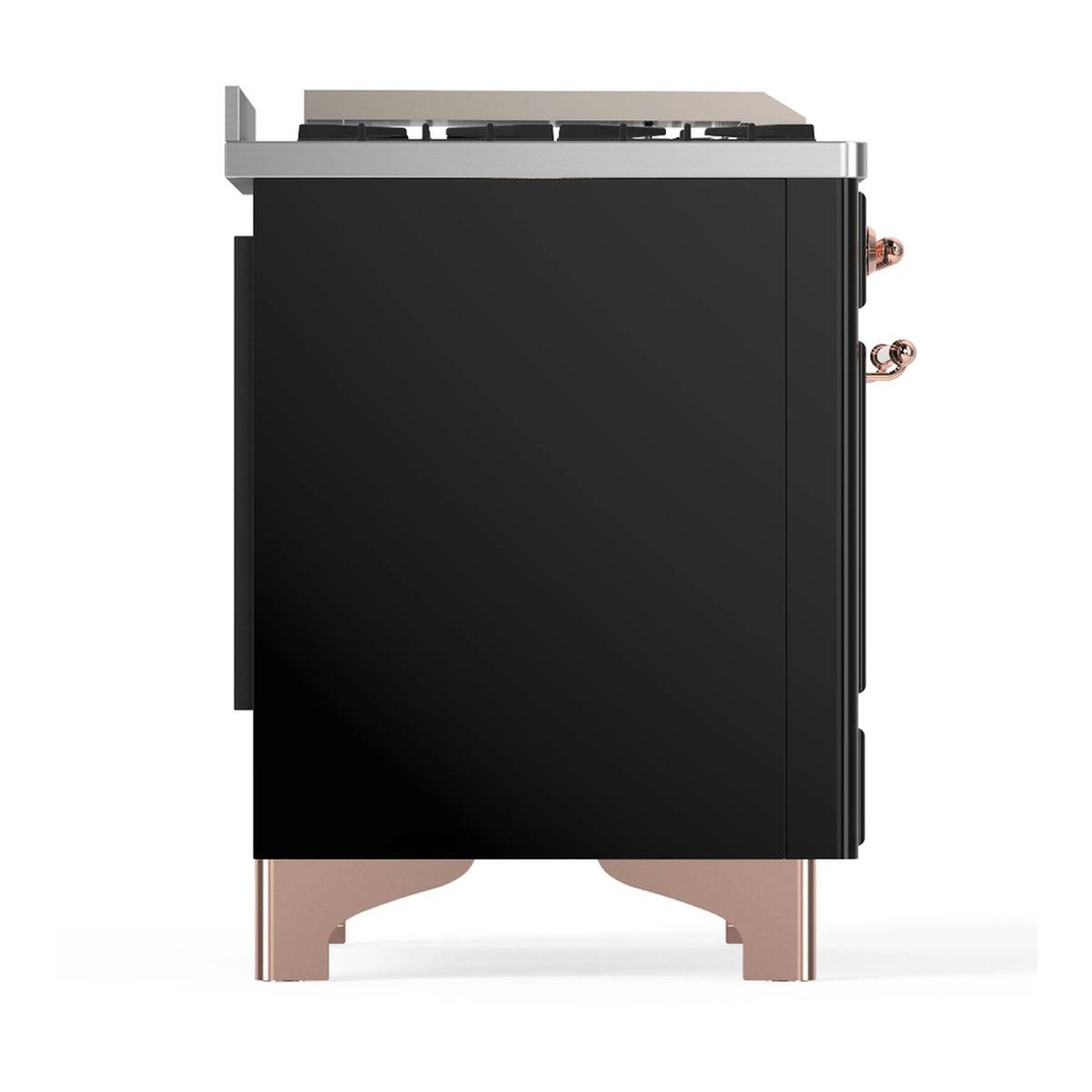Back panel view of glossy black dual fuel range with copper-trim side supports