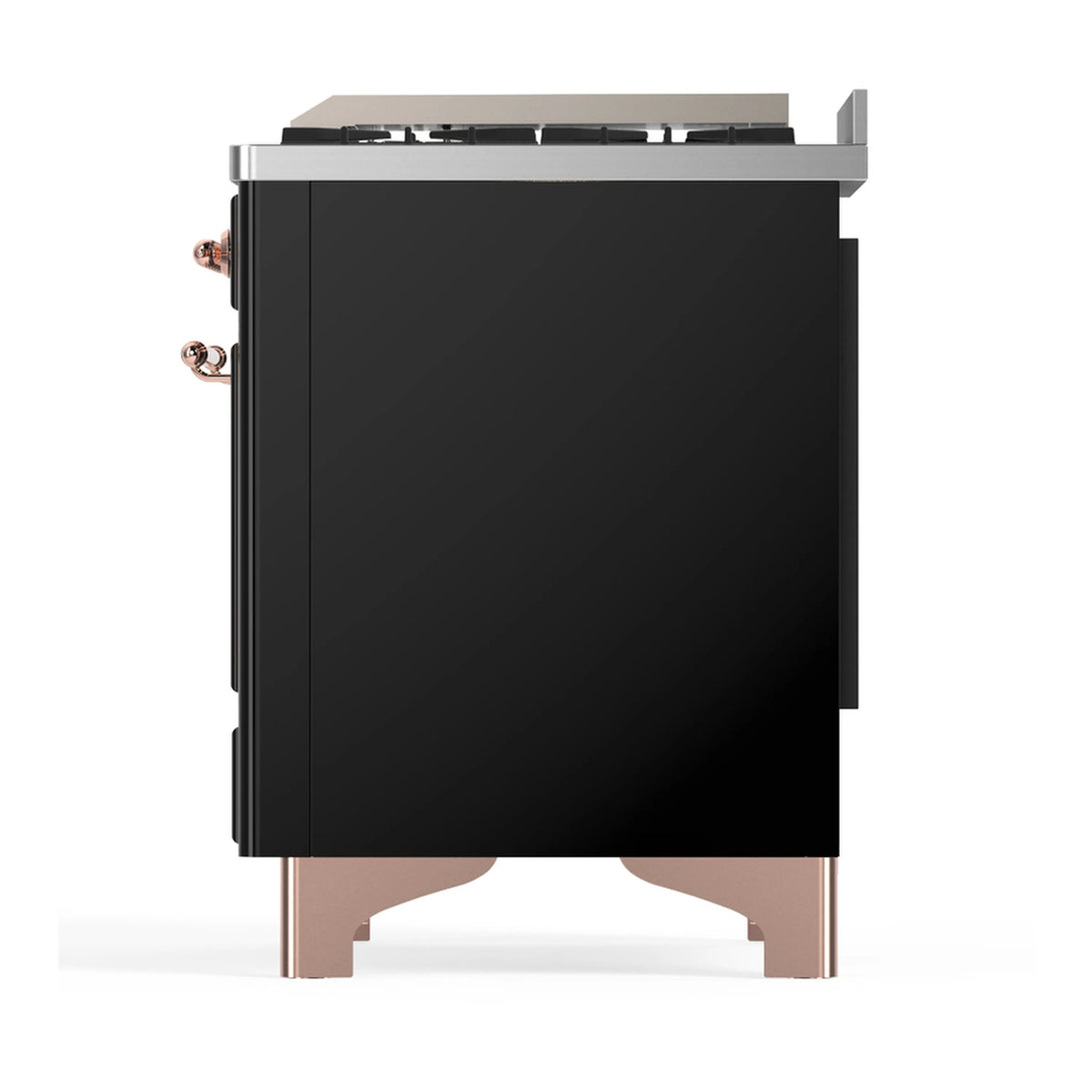 Rear side view of glossy black dual fuel range with copper-trim legs and connections