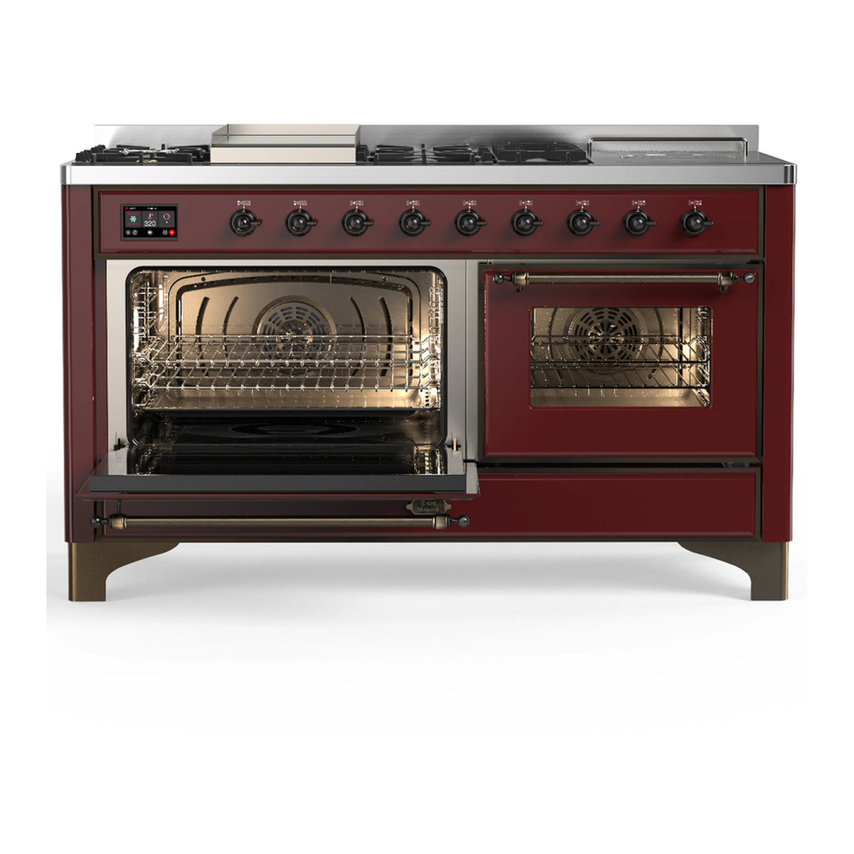 Burgundy dual fuel range with left oven door open and right oven door closed