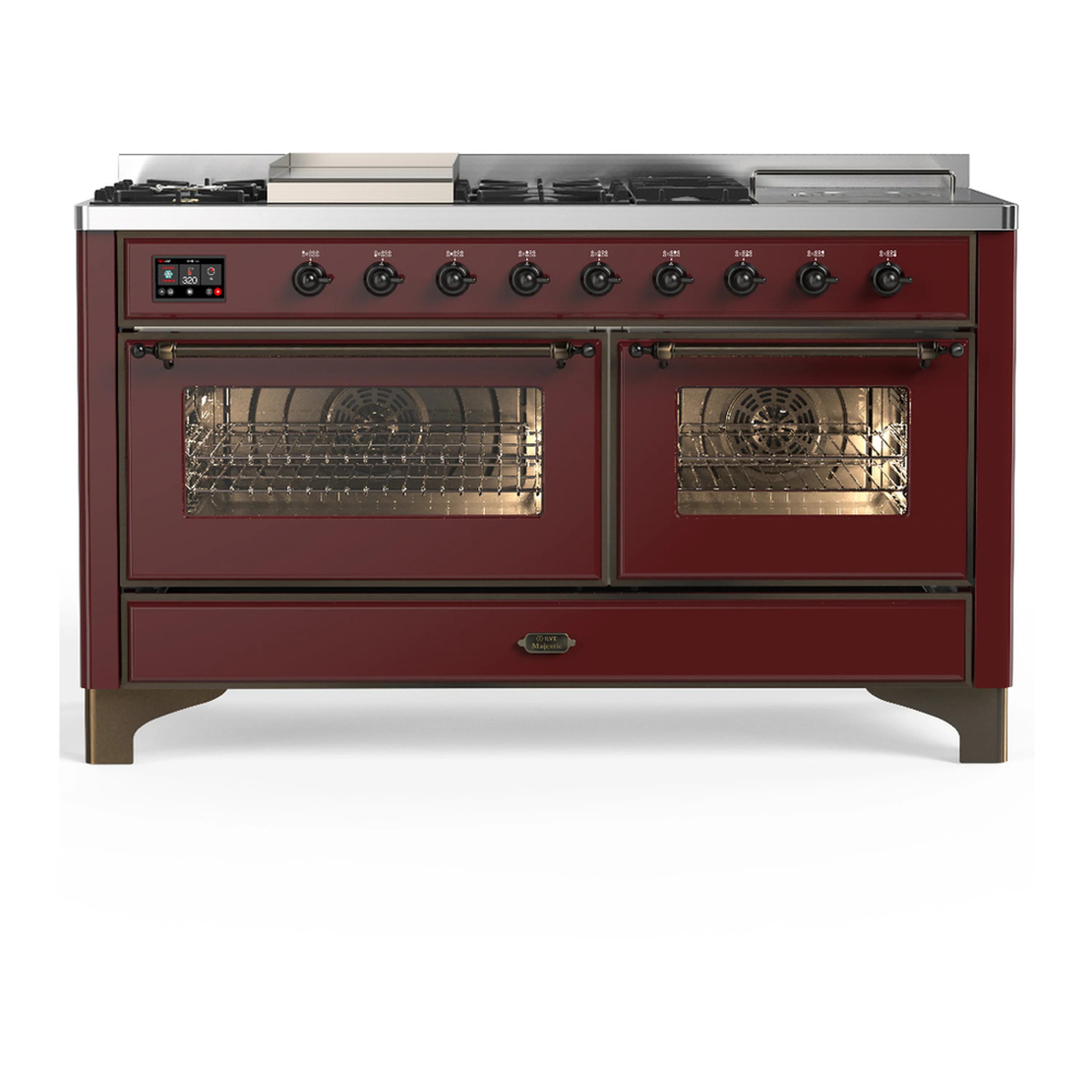 Burgundy dual fuel range with two oven doors, black knobs, and stainless burner trim