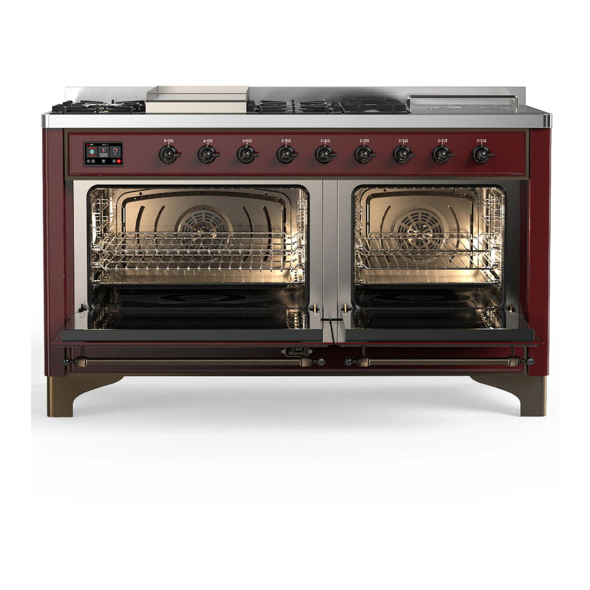 Burgundy dual fuel range with both oven doors open showing metal racks and interiors
