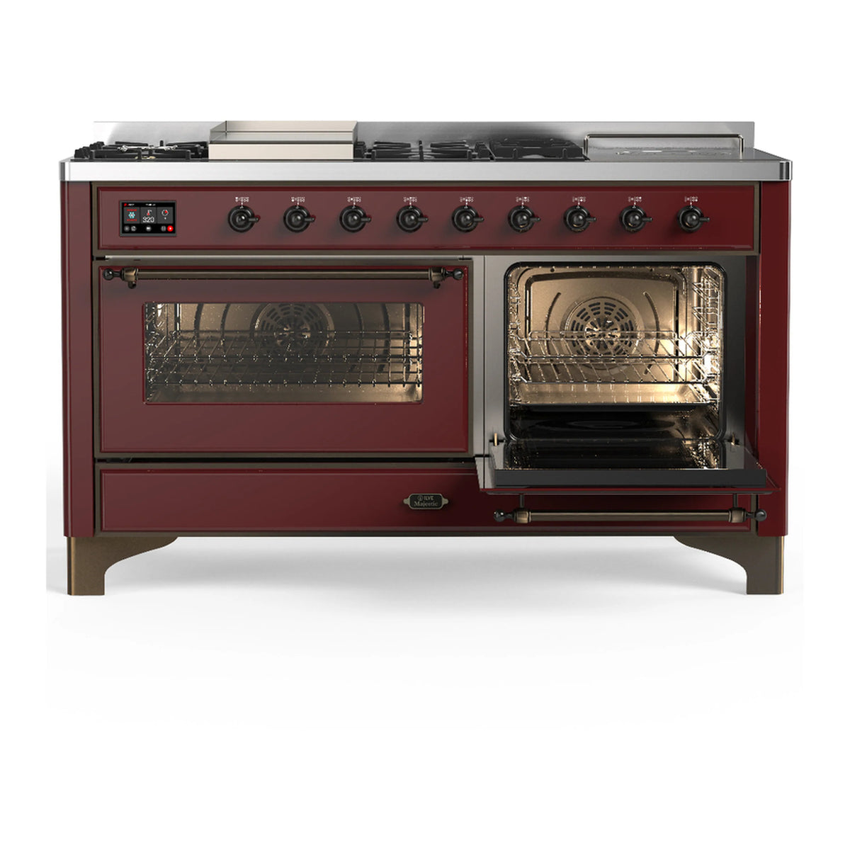 Burgundy dual fuel range with both oven doors open and a visible French-top section