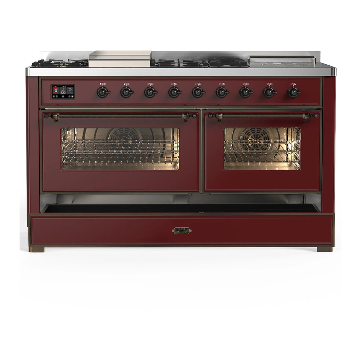 Burgundy dual fuel range with two closed oven doors and glass windows, front controls