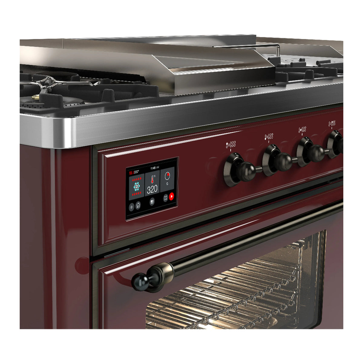 Burgundy dual fuel range control panel with digital display, knobs, and oven handle