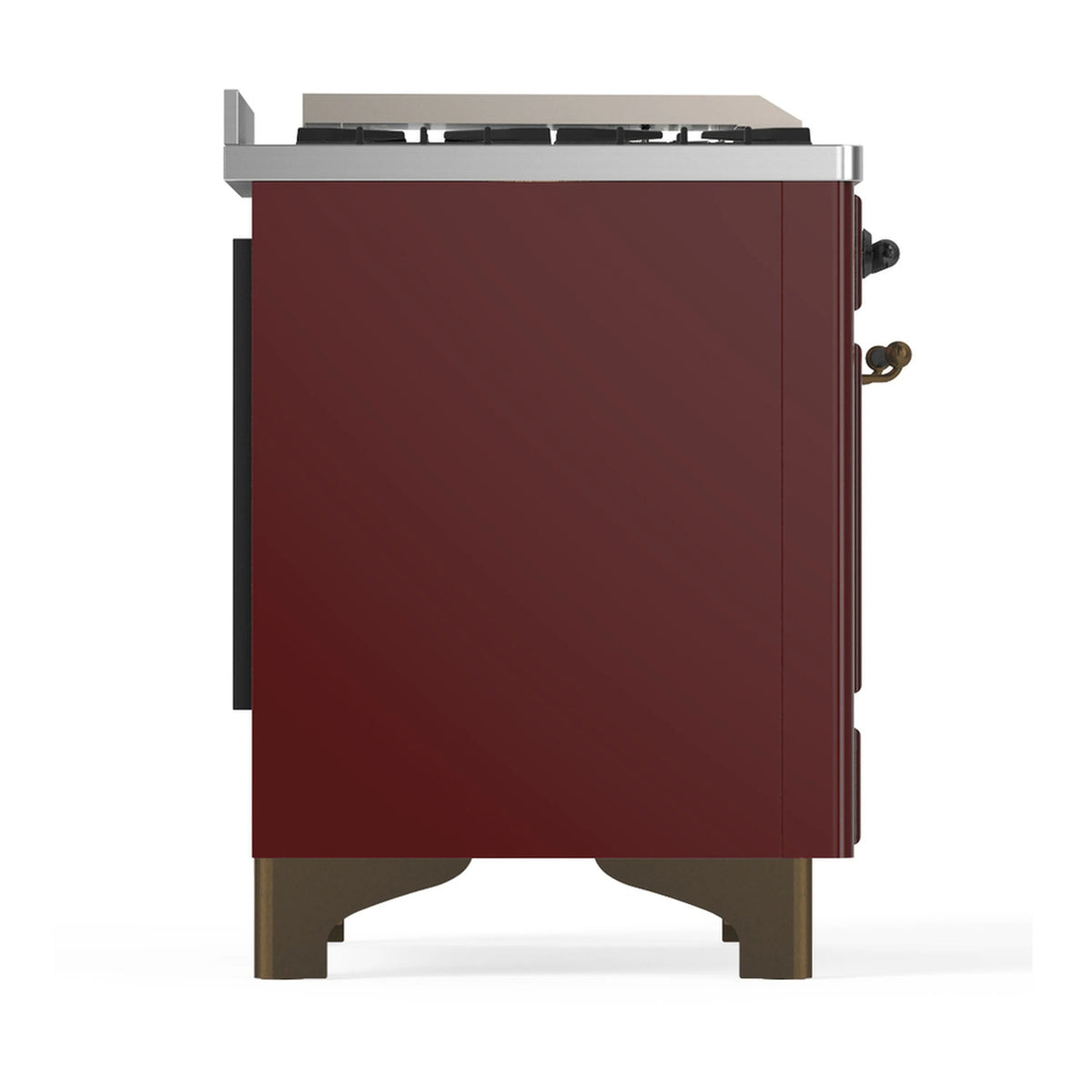 Burgundy dual fuel range side view with stainless top and gold-tone leveling feet