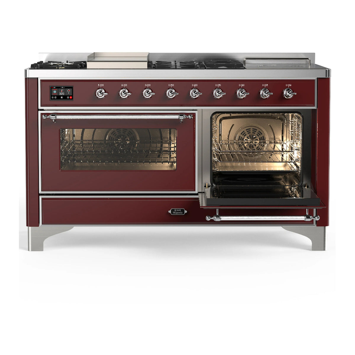 Burgundy dual fuel range with left and right oven doors, chrome handles and knobs