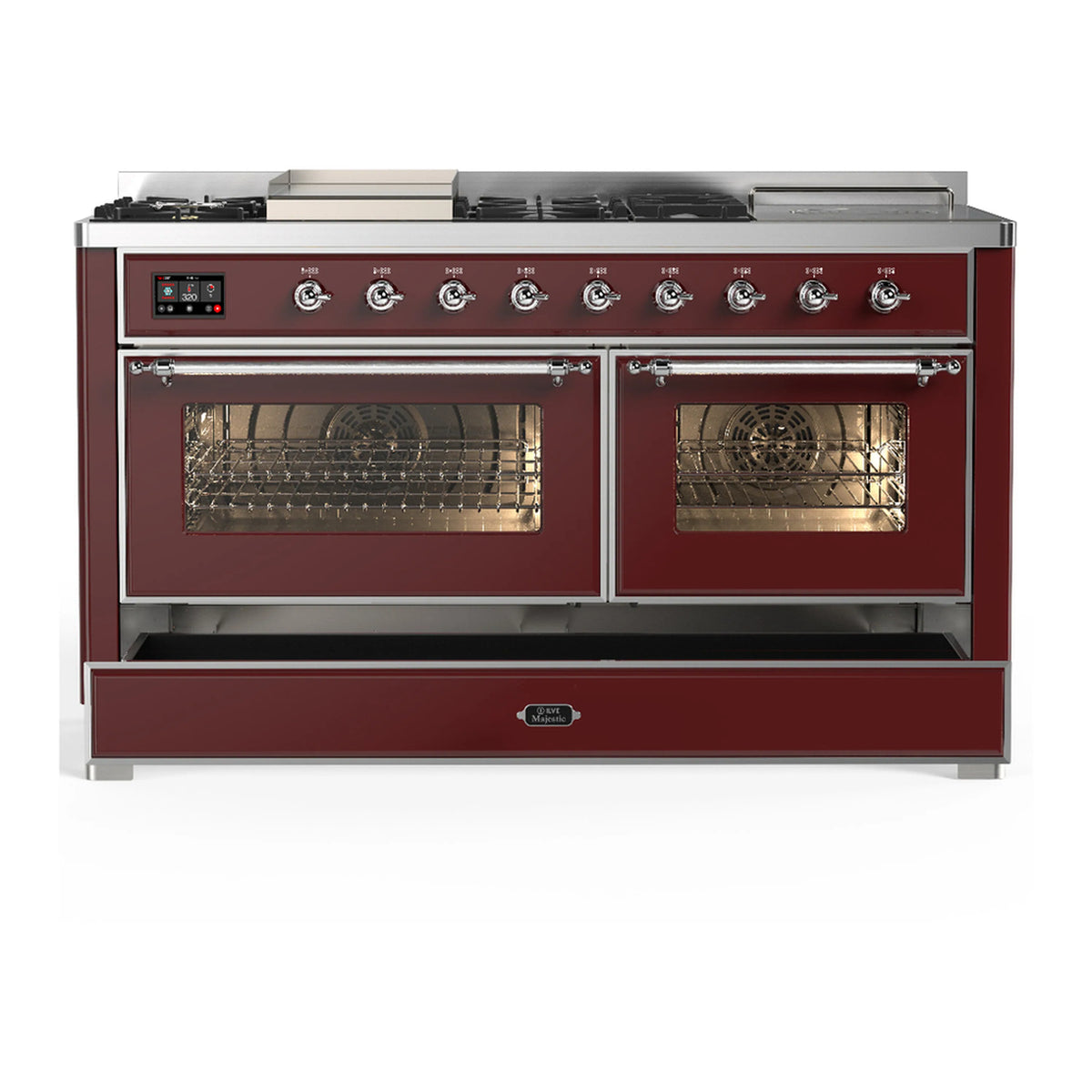 Burgundy dual fuel range with oven doors and lower storage drawer closed