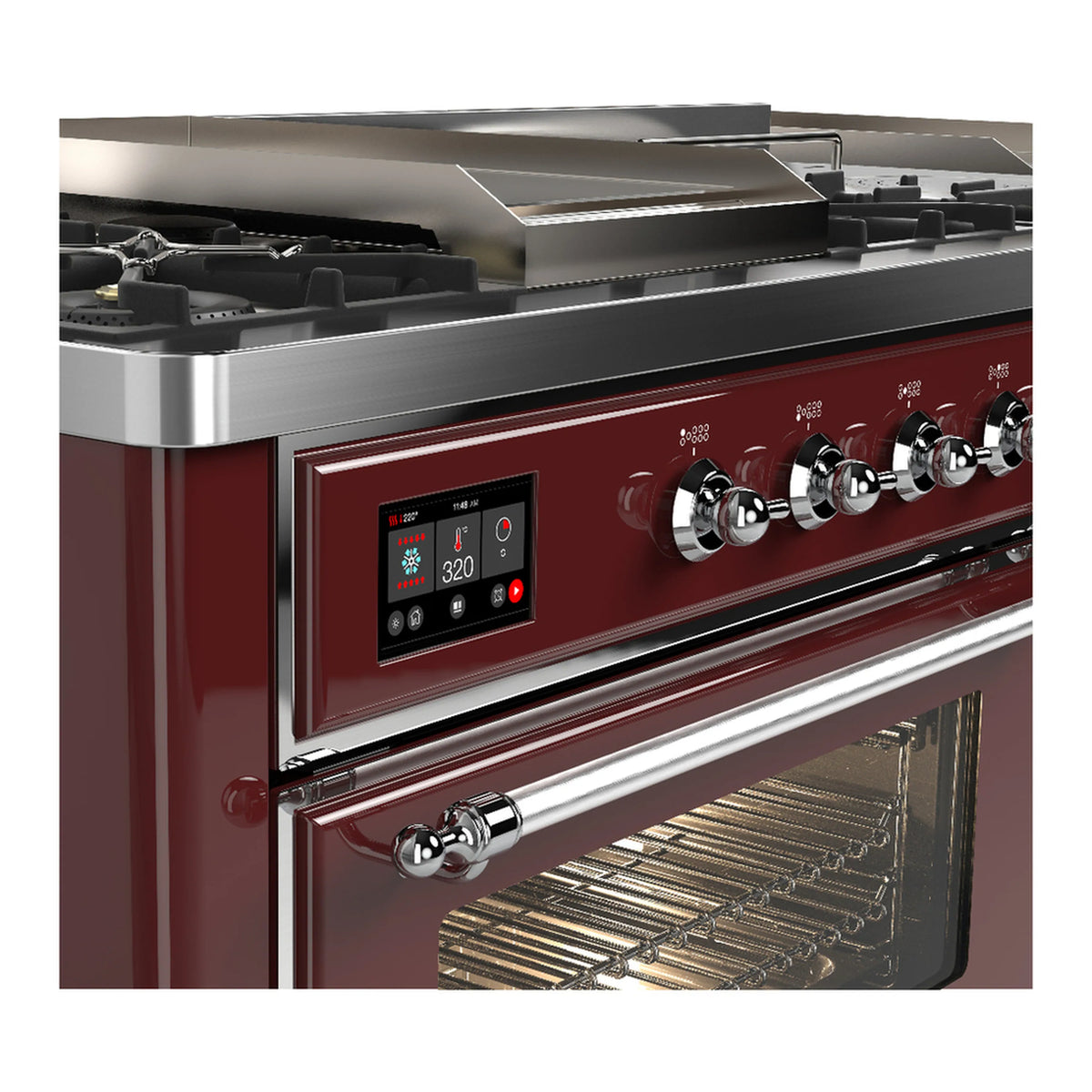 Close-up of burgundy dual fuel range control panel with chrome knobs and handle