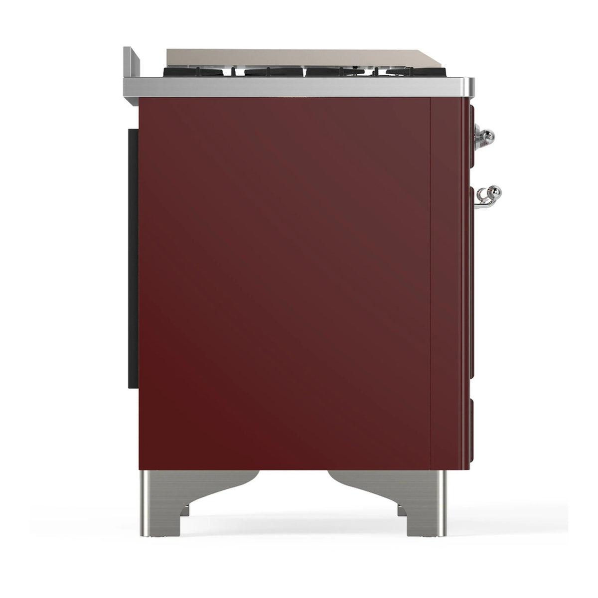 Burgundy side panel of dual fuel range with black end caps and chrome feet