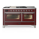 ILVE Majestic III 60-inch Dual Fuel Range with 7 Natural Gas Burner, Griddle, French Top and Triple Glass Door Electric Oven in Burgundy with Chrome Trim (UM60FSNR3BUC)