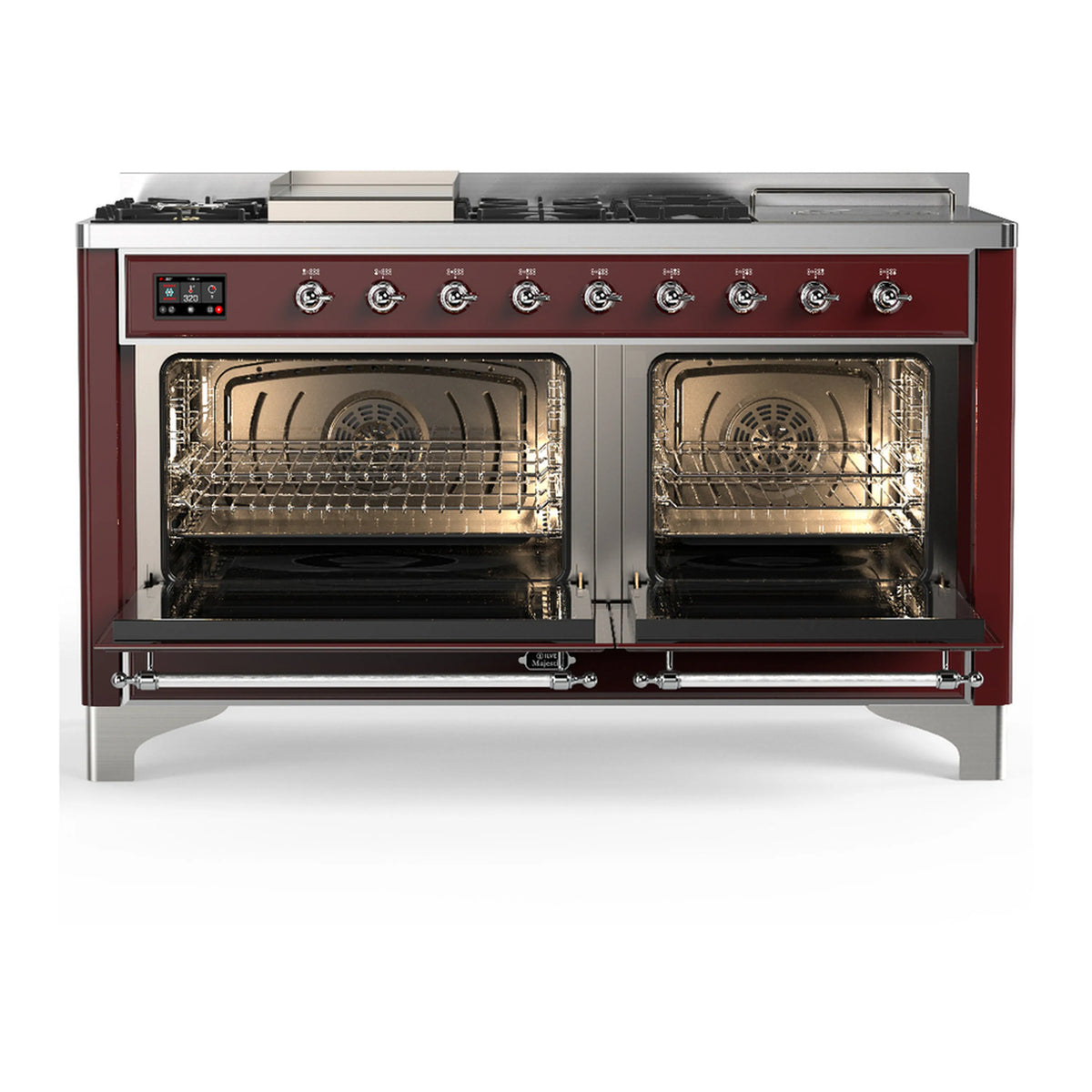 Burgundy dual-fuel range with chrome trim; both oven doors open to reveal racks and interior.