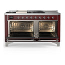 ILVE Majestic III 60-inch Dual Fuel Range with 7 Natural Gas Burner, Griddle, French Top and Triple Glass Door Electric Oven in Burgundy with Chrome Trim (UM60FSNR3BUC)