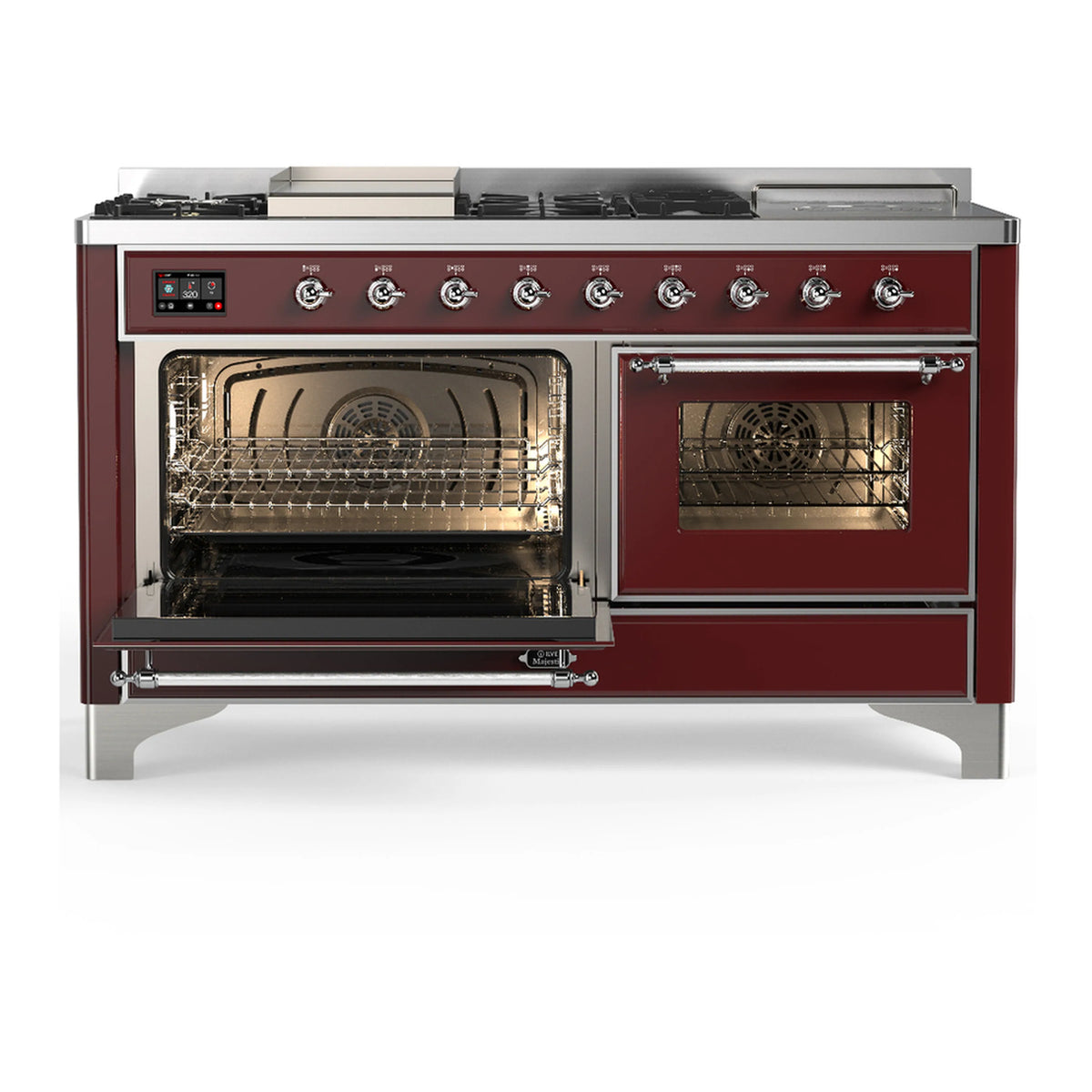 Burgundy dual-fuel range with chrome trim showing left open oven and right closed triple-glass door.