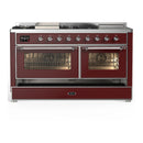 ILVE Majestic III 60-inch Dual Fuel Range with 7 Natural Gas Burner, Griddle, French Top and Triple Glass Door Electric Oven in Burgundy with Chrome Trim (UM60FSNR3BUC)